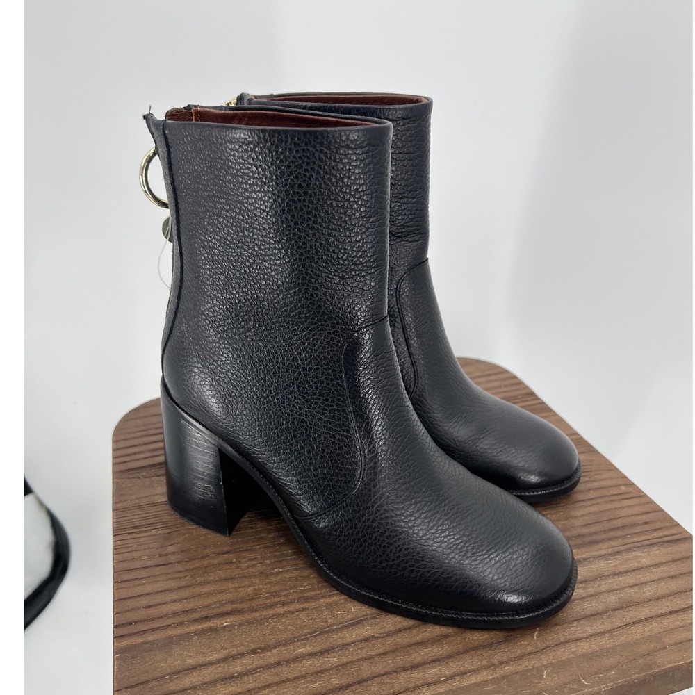 See By Chloe‎ Black Pebbled Leather Ankle Boots Gold Ring Zip Block Heel 36.5